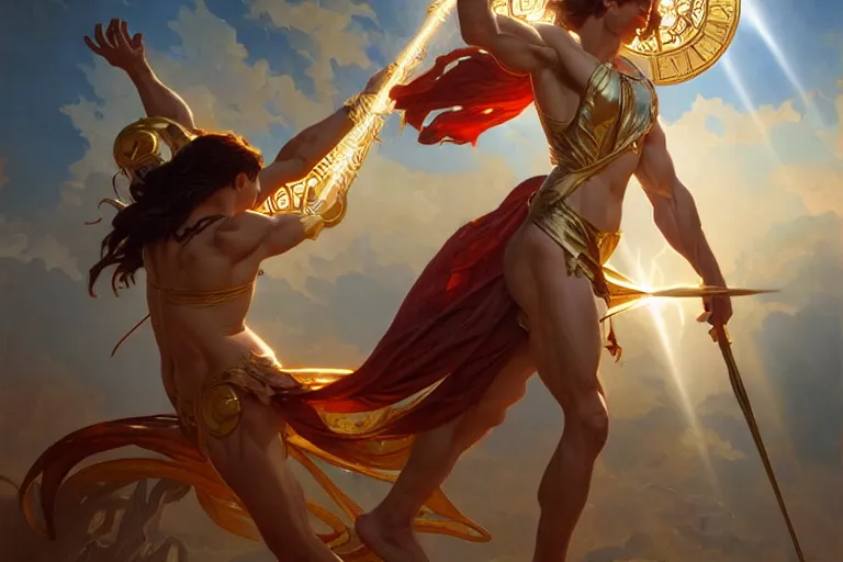 Image similar to a Greek god launching magical rays to evil humans, highly detailed, digital painting, cinematic, hyper realism, dark retrowave, art by Stanley Lau and Artgerm and magali villeneuve and Alphonse Mucha, artstation, octane render, cgsociety