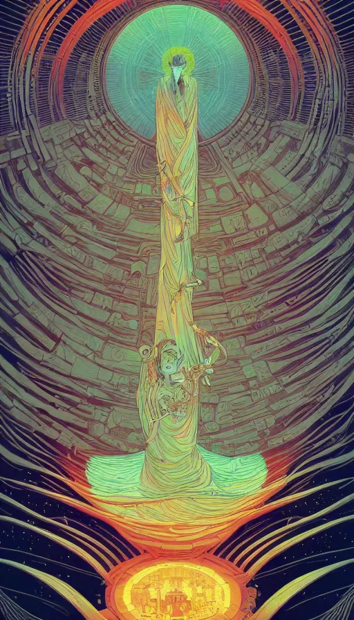 Prompt: the ancient oracle of the dreaming, futurism, dan mumford, victo ngai, kilian eng, da vinci, josan gonzalez