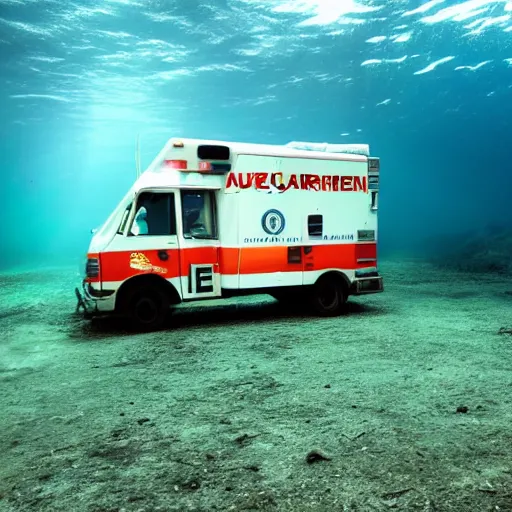 Prompt: Abandoned Ambulance, purple light, underwater, unknown figure