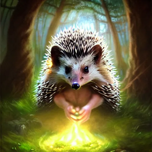 Image similar to Hedgehog fantayy druid, Tzeentch, portrait, nature, fairy, forest background, magic the gathering artwork, D&D, fantasy, cinematic lighting, centered, symmetrical, highly detailed, digital painting, artstation, concept art, smooth, sharp focus, illustration, volumetric lighting, epic Composition, 8k, art by Akihiko Yoshida and Greg Rutkowski and Craig Mullins, oil painting, cgsociety