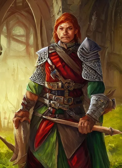 Image similar to lumbridge guard, dndbeyond, bright, colourful, realistic, dnd character portrait, full body, pathfinder, pinterest, art by ralph horsley, dnd, rpg, lotr game design fanart by concept art, behance hd, artstation, deviantart, hdr render in unreal engine 5