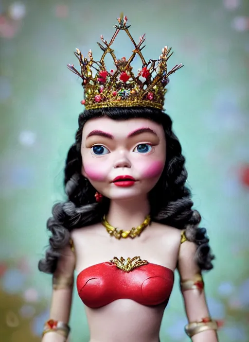 Prompt: closeup face profile portrait of tin toy bjork as a fairytale princess wearing a crown eating cakes, bikini, depth of field, zeiss lens, detailed, symmetrical, centered, fashion photoshoot, by nicoletta ceccoli, mark ryden, lostfish, breathtaking, 8 k resolution, extremely detailed, beautiful, establishing shot, artistic, hyperrealistic, octane render