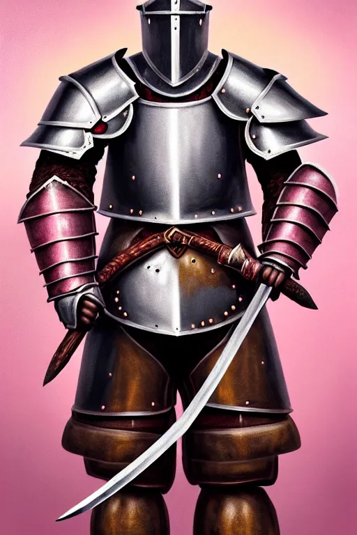 Prompt: a matte oil painting of a knight in full iron plate armor that is holding a teddy bear, inside a pink bedroom, in the style of an oil painting and d & d art, fullbody, photorealistic, sharp focus, award - winning, extremely detailed, 4 k,