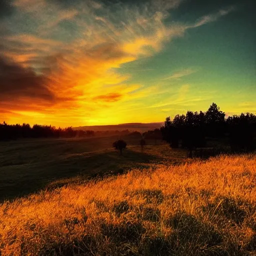 Image similar to sunset above plains and meadow, beautiful landscape, high detail, instagram photo, professional dslr photo, creative composition, beautiful composition