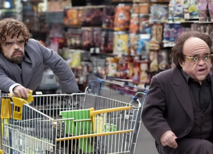 Prompt: peter dinklage in a shopping cart being pushed by danny devito, movie still, from the new jumangi movie, 8 k, realistic