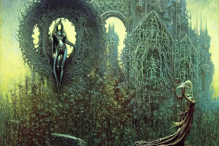 Image similar to knight in enchanted lovecraftian garden by jean delville, luis royo, beksinski, grimshaw