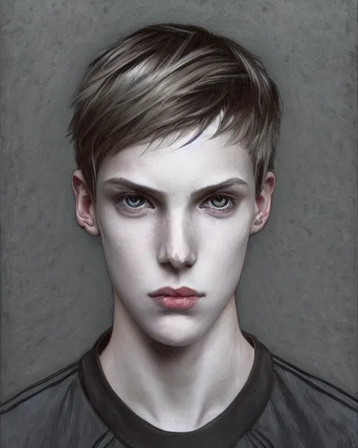 Image similar to portrait of 1 5 - year - old boy, a tall, slender boy with a pale, pointed face, sleek blond hair, and ice grey eyes, wearing black clothes, hyper realistic face, beautiful eyes, close up, fantasy art, in the style of greg rutkowski, intricate, alphonse mucha, hyper detailed, smooth