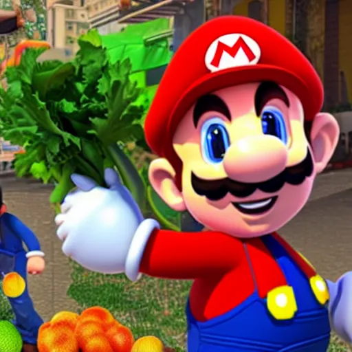 Image similar to game character mario selling vegetables on a farmer's market, morning, photorealistic