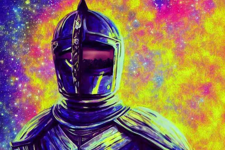 Prompt: digital art of a spiritual medieval knight wearing suit of armor looking up at the stars, acrylic art, universe, painting, pastel colors, synthwave, retro, cyberpunk,