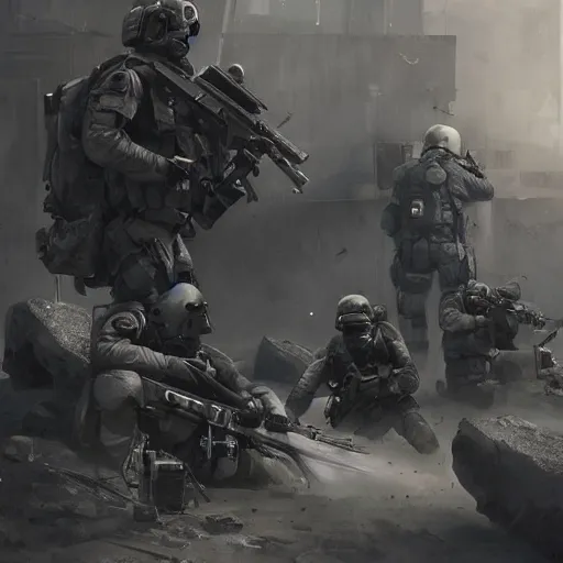 Prompt: Mercenary Special Forces in grey uniforms with black armored vests rescuing wounded comrades in 2020, by Cedric Peyravernay, highly detailed, excellent composition, cinematic concept art, dramatic lighting, trending on ArtStation