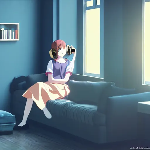 Image similar to girl sits on the sofa and listens to music, the sun shines through the window, highly detailed, 8 k, by kyoto animation