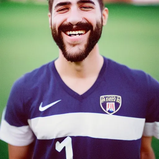 Image similar to realistic photoshoot for a new soccer player, bearded, short hair, brown eyes, maniacal smile, color film photography, portrait of a beautiful person, in style of Campbell Addy, 35mm