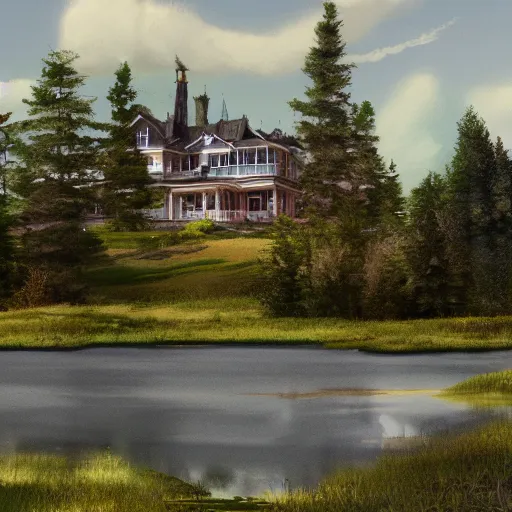 Image similar to Victorian mansion beside an inland lake in rural Maine, artstation, felix Kelly, Bob Ross