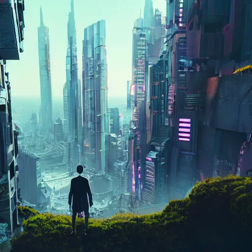 Image similar to alone human facing the desperate call of the void, futuristic cityscape, unreal 5 render, vivid colors, high detail, clear weather, studio ghibli, history painting, digital art, octane render, beautiful composition, trending on artstation, award - winning photograph, masterpiece