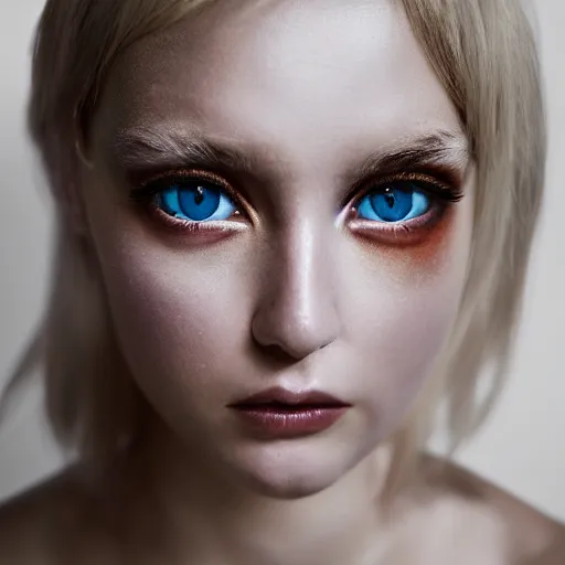 Image similar to A gorgeous blonde, grungy, glowing eyes, modelsociety, radiant skin, huge anime eyes, studio lighting, perfect face, intricate, Sony a7R IV, symmetric balance, polarizing filter, Photolab, Lightroom, 4K, Dolby Vision, Photography Award