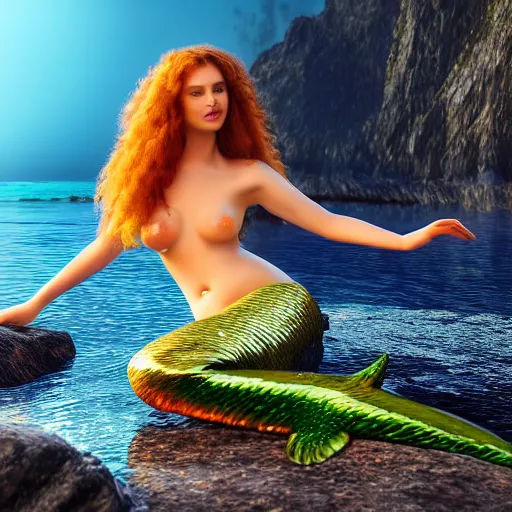 Image similar to mermaid on an island, highly detailed, photorealistic portrait, bright studio setting, studio lighting, crisp quality and light reflections, unreal engine 5 quality render