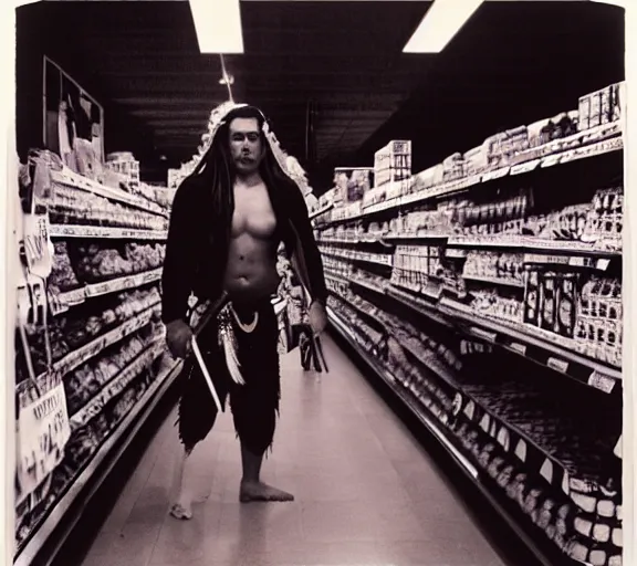 Prompt: low angle photography, maori warrior in a grocery store, deep focus, elegant, highly detailed, polaroid 6 0 0, matte, sharp focus, art by nan goldin, cinematographyby jom jarmusch