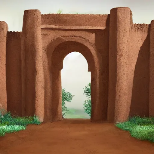 Prompt: High-quality painting of a West African city gate made of mud bricks, very detailed, peaceful, digital art.