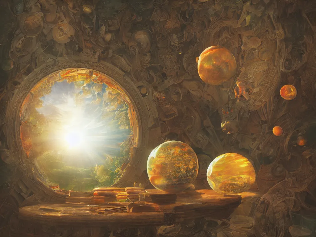 Image similar to 3 d render, sunlight study, the universe is a spheroid region 7 0 5 meters in diameter, art nouveau, by jan davidz de heem and ( ( ( ( ( lisa frank ) ) ) ) ), 8 k, sharp focus, octane render