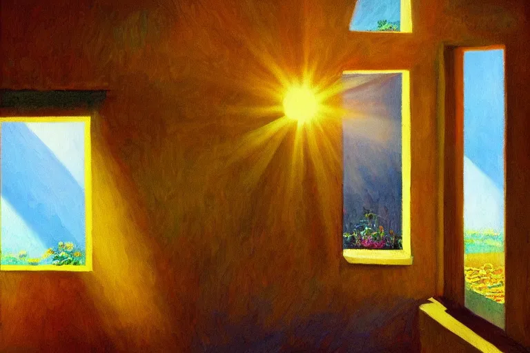 Prompt: rays of the morning sun shining through the window of the village house. very beautiful, clear sky, warm shiny colors, oil painting