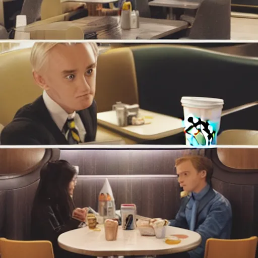 Prompt: Two different people sitting at a booth in McDonalds, one of the people is Draco Malfoy, the other character is Eddie Munson, McDonalds interior background, photo