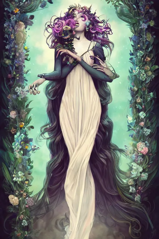 Prompt: fullbody artwork of a goddess of dreams, wearing a long flowery dress, intricate, prism, flowey, wispy, wide hips, attractive character, black lipstick, intangible, dreamy, Character concept by Charlie Bowater, Anna Dittmann, WLOP, baroque, Akihiko Yoshida, Hyung-tae Kim, alexander mcqueen, trending on Artstation