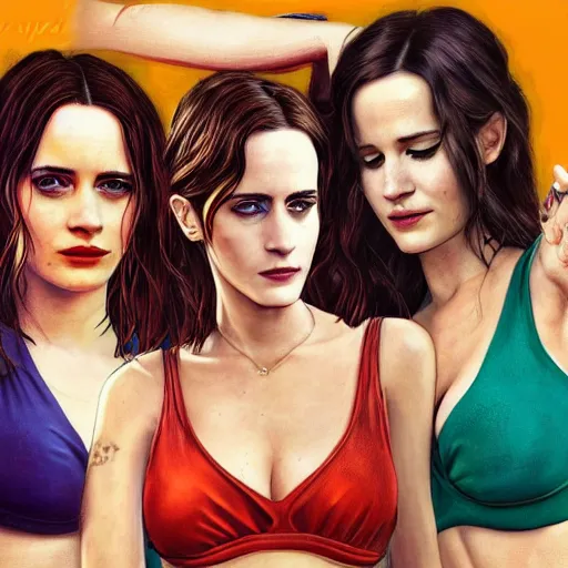 Image similar to highly detailed painting of eva green, emma watson and jennifer lawrence wearing a bikini standing close together, gta 5 cover art style, 8 k, radiant light, detailed and intricate environment, trending on artstation
