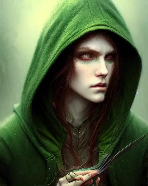Prompt: portrait Green hooded jacket coat Hunter elf, long-haired By greg rutkowski, tom bagshaw, beksinski