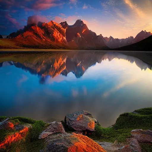 Image similar to amazing landscape photo of mountains with lake in sunset by marc adamus, beautiful dramatic lighting