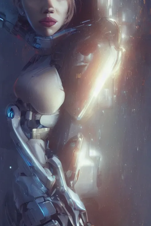 Prompt: a beautiful portrait of Scarlett Johansson as an attractive cyborg by Greg Rutkowski, Sung Choi, Mitchell Mohrhauser, Maciej Kuciara, Johnson Ting, Maxim Verehin, Peter Konig, final fantasy , mythical, 8k photorealistic, cinematic lighting, HD, high details, atmospheric,