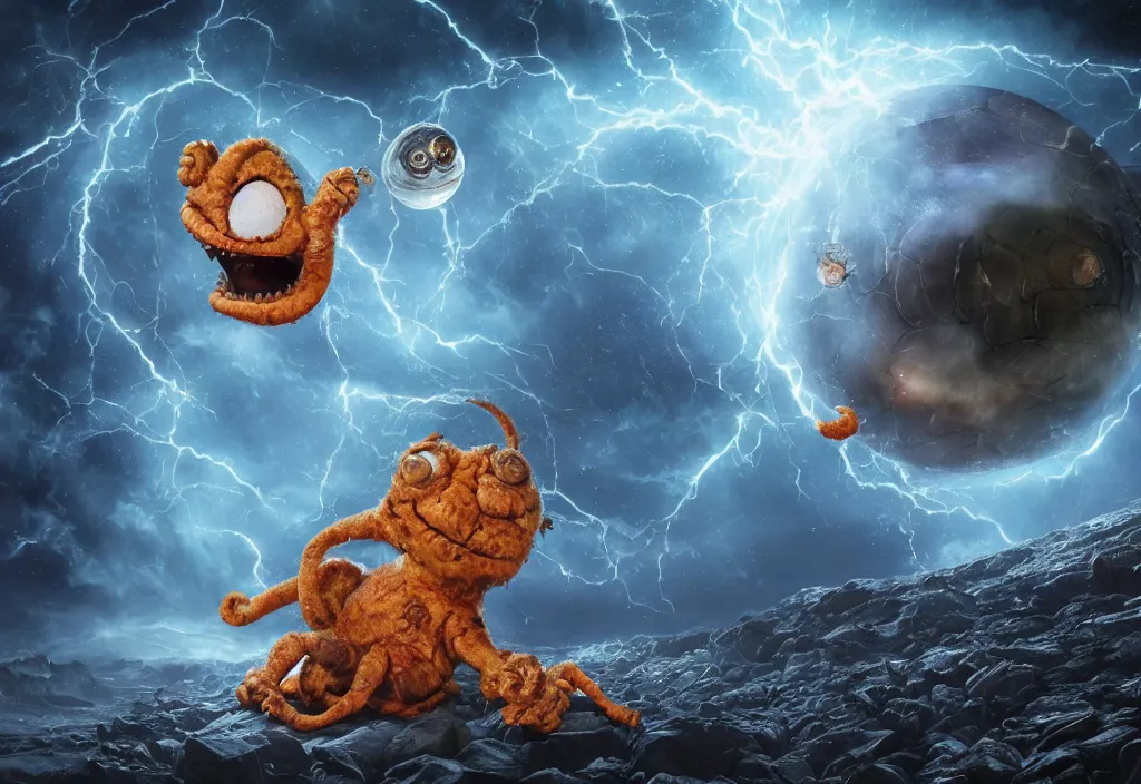 Image similar to eldritch horror bloody garfield in space, hd, 8 k, giant, epic, realistic photo, unreal engine, prophecy, powerful, cinematic lighting, destroyed planet, debris, violent, sinister, ray tracing, dynamic, epic composition, dark, horrific, teeth, grotesque, monochrome drawing, hellscape, corpses, foreboding, lightning, garfield cartoon eyes