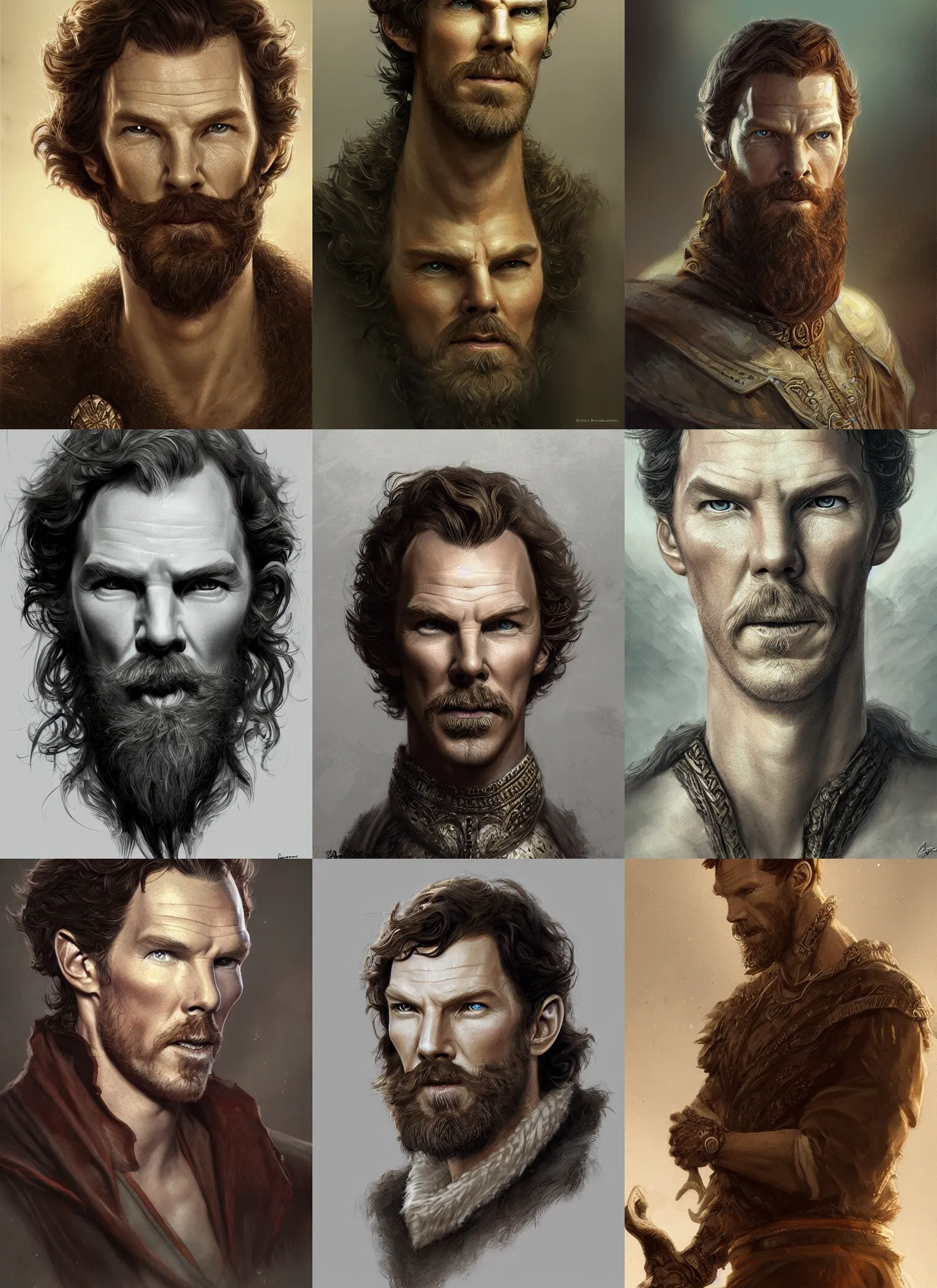 Prompt: nuragic bearded prince portrait benedict cumberbatch, thin nose, intricate, elegant, highly detailed, digital painting, artstation, concept art, sharp focus, illustration, art by aleksi briclot, rutkowski, mucha