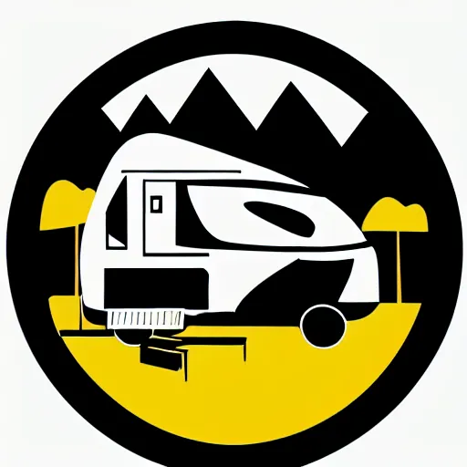 Image similar to logo, white and black cute thor chateau motorhome camper, highway, mountains and sunset!!, everything enclosed in a circle, happy, professional colorful logo illustration