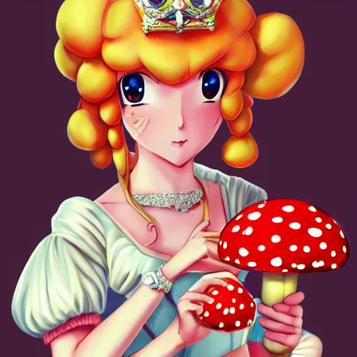 Prompt: princess peach holding a red and white spotted mushroom, beautiful portrait, Danbooru, anime, HD wallpaper, detailed, digital art