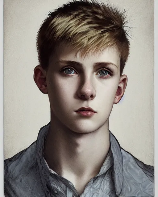 Image similar to portrait a 1 5 - year - old boy, with slender, white - blond hair, cold grey eyes, a pale complexion with sharp and pointed features, wearing black clothes, hyper realistic face, beautiful eyes, close up, fantasy art, in the style of greg rutkowski, intricate, alphonse mucha, hyper detailed, smooth