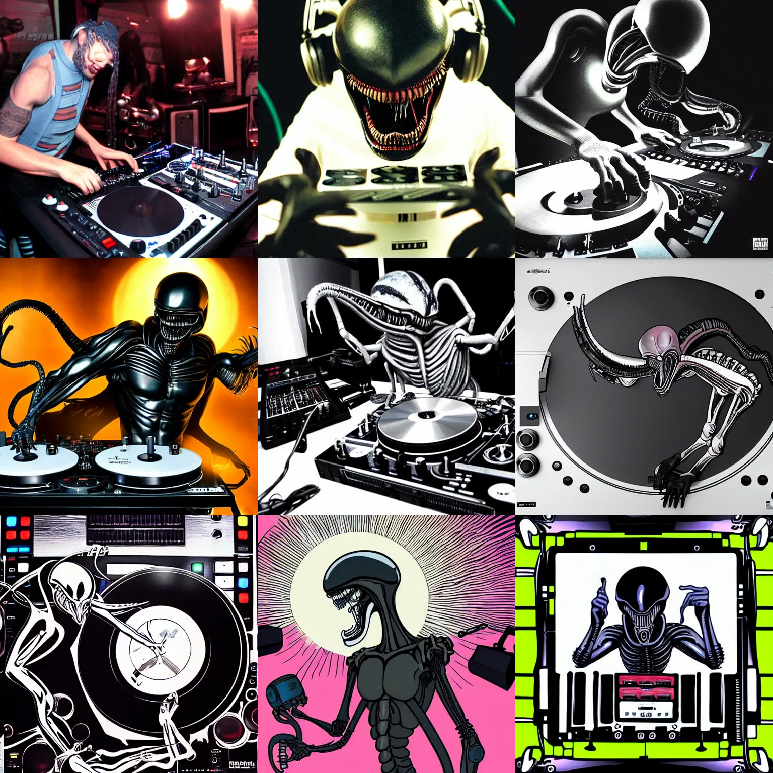 Prompt: xenomorph alien DJing with DJ turntables