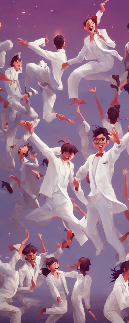 Image similar to excited community of young scientists are happy dancing - wearing white suit, digital art, detailed 8 k behance hd by jesper ejsing, by rhads, makoto shinkai and lois van baarle, ilya kuvshinov, rossdraws global illumination.