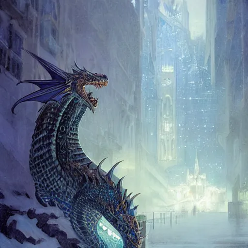 Image similar to Beautiful scaly blue dragon in a snowy city made of ice, tundra, reflections, sparkle, full of details, matte painting, a fantasy digital painting, artstation, concept art, sharp focus, illustration, art by greg rutkowski, alphonse mucha, anne stokes