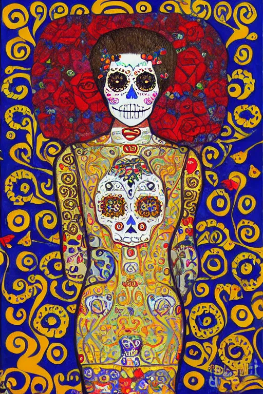 Image similar to illustration of a sugar skull day of the dead girl, art by gustav klimt