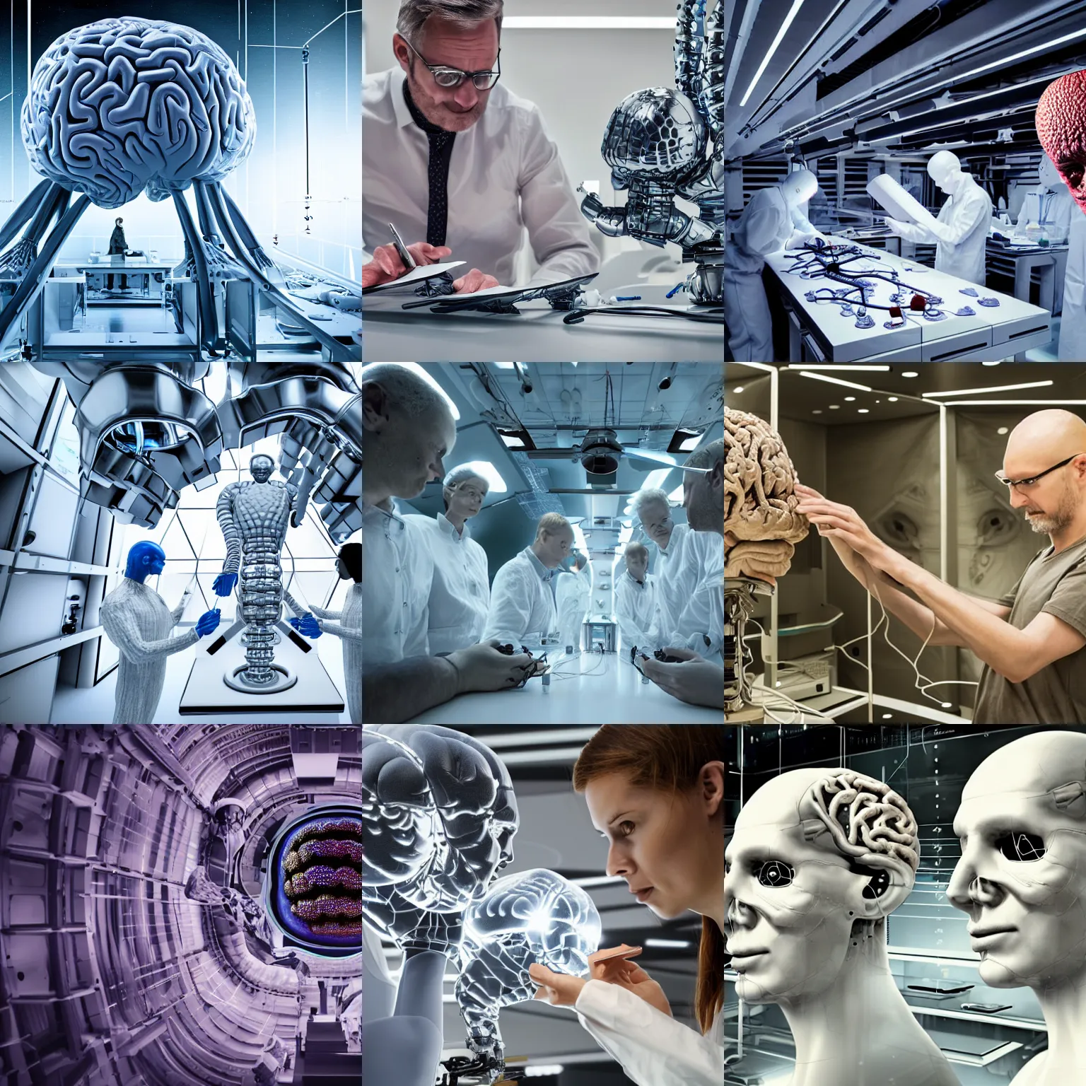 Prompt: nordic extraterrestrial scientists designing an artificial human brain in their spaceship lab, hyper realistic, highly detailed, sharp focus, depth of field