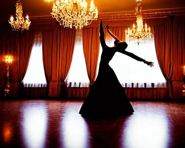 Image similar to waltz dancer bowing in a ballroom, realistic, award winning photograph