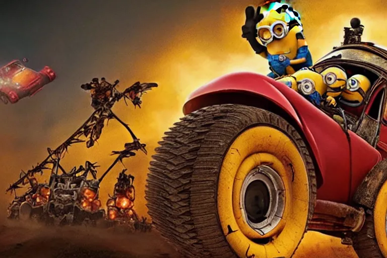 Prompt: a Minions vs Mario, yellow and red, mechabot, in the Movie Mad Max: Fury Road 2015, epic sandstorm battle, action