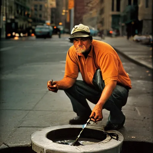 Image similar to closeup portrait of a man with a fishing rod fishing at a manhole in a new york street , by Annie Leibovitz and Steve McCurry, natural light, detailed face, CANON Eos C300, ƒ1.8, 35mm, 8K, medium-format print