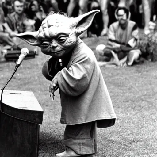 Image similar to yoda performing at woodstock