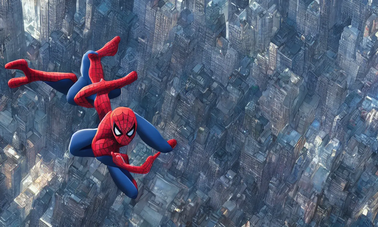 Image similar to spiderman in a wide city of new york, cinematic lighting, style by makoto shinkai