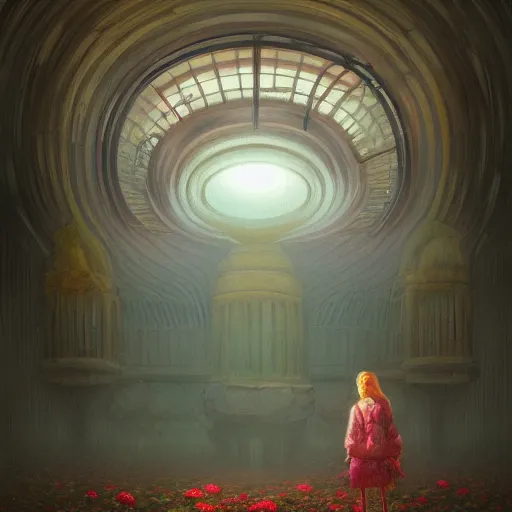 Image similar to giant carnation flower head, woman in metro station, surreal photography, dramatic light, impressionist painting, digital painting, artstation, simon stalenhag