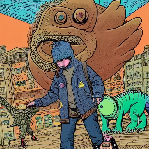 Prompt: intricate detailed color illustration of a cyberpunk street kid with a pet dinosaur, in the style of Geof Darrow