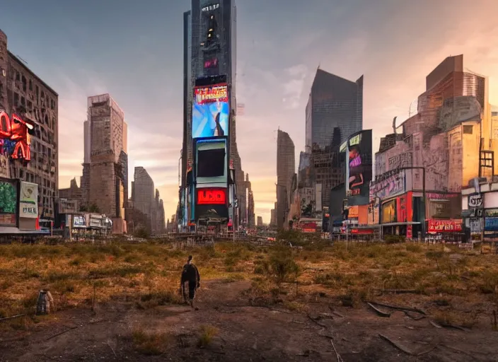 Image similar to film still of post apocalyptic empty time square at sunset, overgrown with wildlife walking through in the new sci - fi movie, 8 k