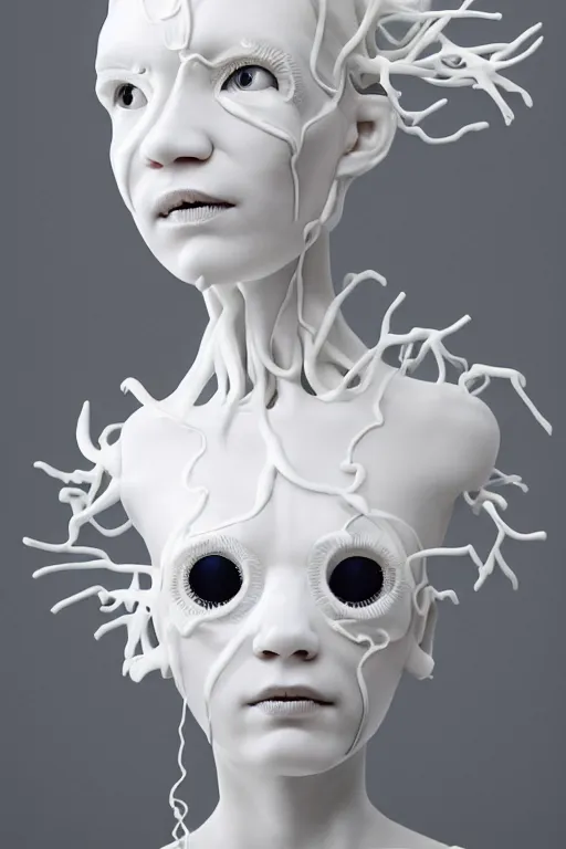 Image similar to full head and shoulders, beautiful bjork porcelain sculpture, smooth, delicate facial features, white eyes, white lashes, detailed white, lots of 3 d cyborg elements, prosthetic, anatomical, all white features on a white background, by daniel arsham and james jean
