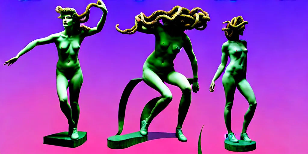 Image similar to modern sculpture, young woman as medusa, multiple poses, androgynous, vaporwave, vhs still